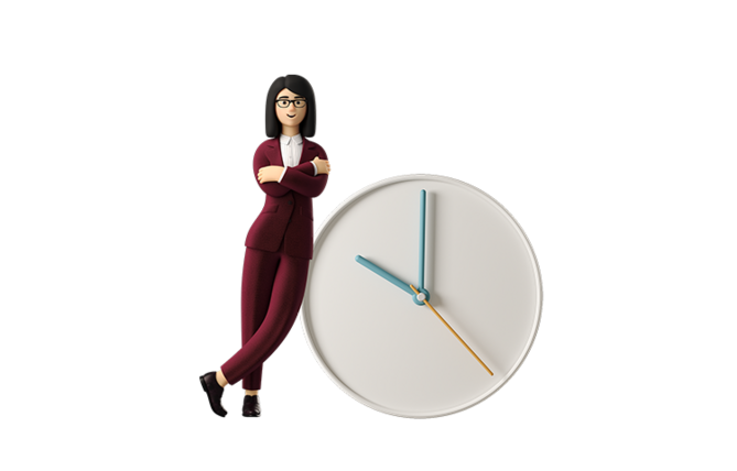 business-3d-businesswoman-leaning-on-big-clock-with-arms-crossed-2