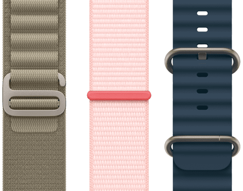 Olive Alpine Loop, Light Pink Sport Loop, and Blue Ocean Band