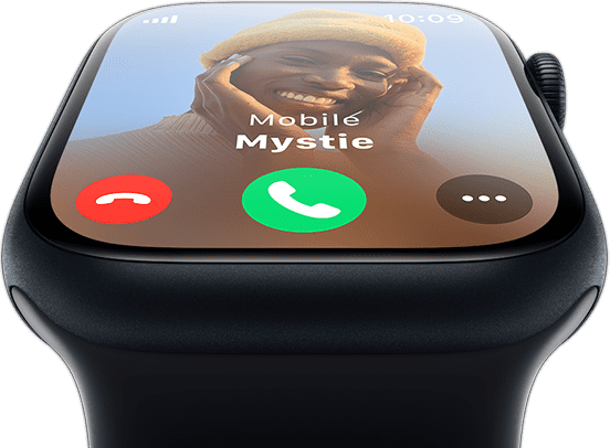 A front view of Apple Watch with an incoming phone call screen.