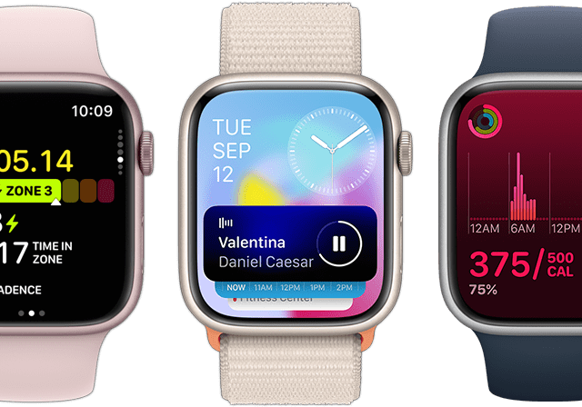 A front view of five Apple Watch devices showing how much more information is on each thanks to the Watch OS 10 update.