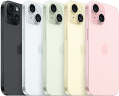 iPhone 15, back view showing advanced camera system and color-infused glass in all finishes: Black, Blue, Green, Yellow, Pink. 