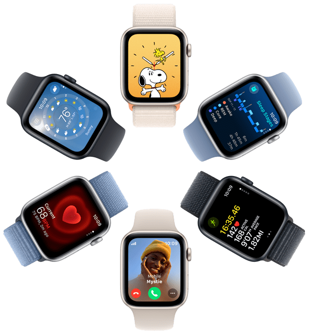 An overhead view of six Apple Watch SE screens displaying a Snoopy wallpaper, Sleep app insights, Workout app metrics, an incoming call, heart rate, and Weather app.