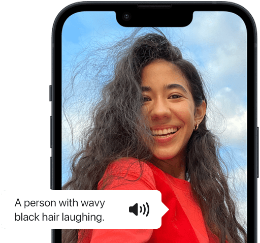 VoiceOver describing a photo of a person on iPhone.