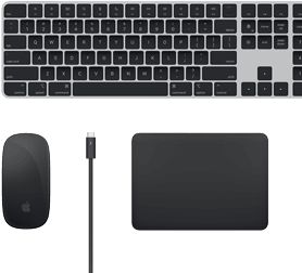 Accessoires Mac vus d’en haut : Magic Keyboard, Magic Mouse, Magic Trackpad et câbles Thunderbolt.