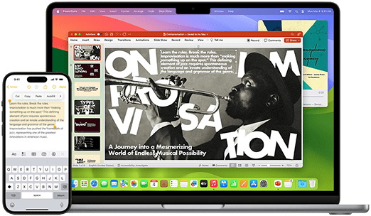 MacBook Air and iPhone side by side, with both screens demonstrating text being copied from iPhone and pasted into a document shown on the MacBook Air