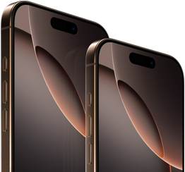 6,9" iPhone 16 Pro Max und 6,3" iPhone 16 Pro, Vorderseite, Actiontaste, Lautstärketasten, Dynamic Island oben in der Mitte