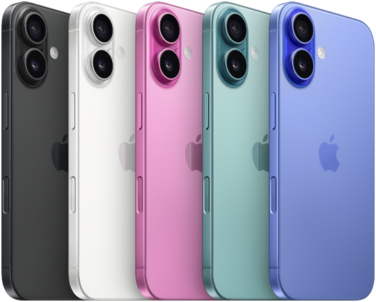 iPhone 16, Rückseite, erhöhtes fortschrittliches Zwei-Kamera-System, Apple Logo in der Mitte, alle fünf Farben, Schwarz, Weiss, Pink, Blaugrün, Ultramarin