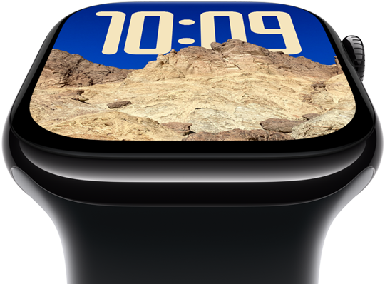 The screen of Apple Watch Series 10 tilting back to emphasize its larger screen area.