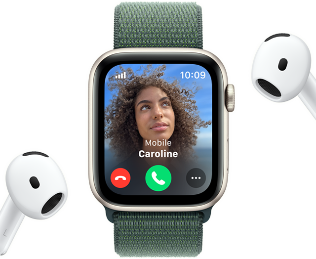 Incoming call on an Apple Watch SE, next to a pair of AirPods