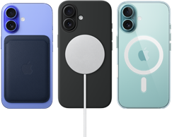 Trois iPhone 16, vue arrière, avec accessoires MagSafe fixés : Porte-cartes en tissage fin avec MagSafe pour iPhone, Chargeur MagSafe avec Coque en silicone, et Coque transparente avec MagSafe pour iPhone