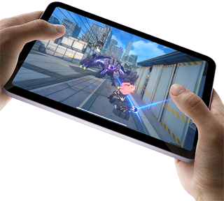 iPad mini held by a user's hands in landscape view playing a graphically intense game